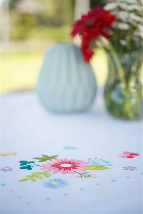 Vervaco Spring Flowers and Butterflies Stamped Tablecloth Embroidery Kit #PN-0174589